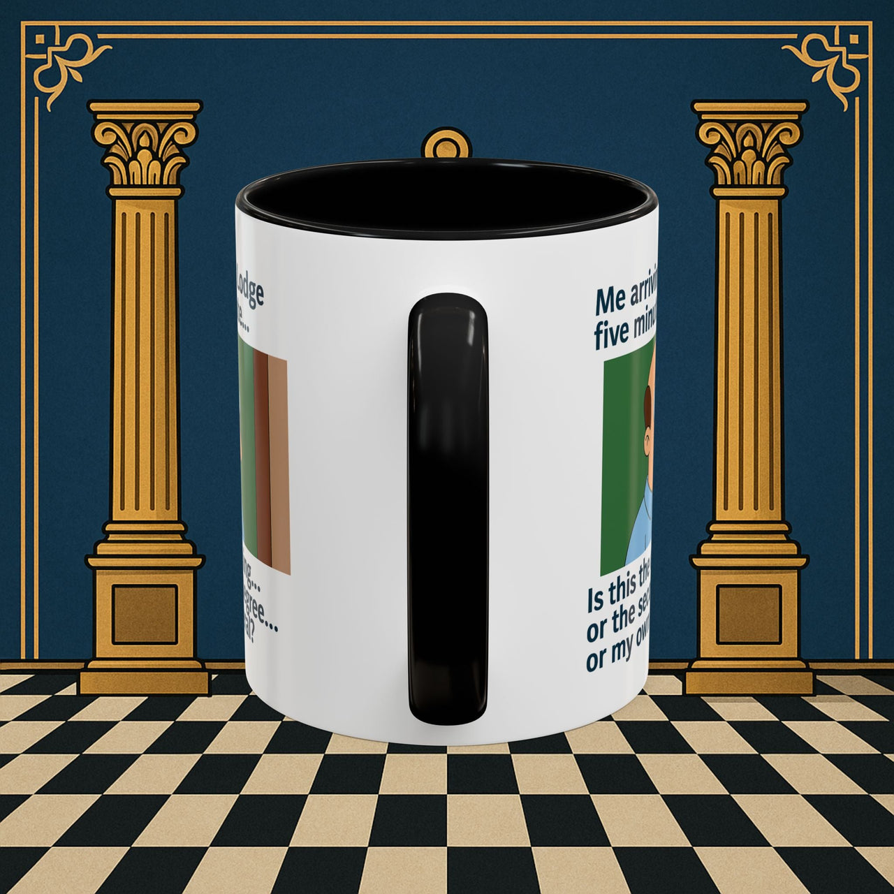 Masonic Mugs Ready to Go – Five Minutes Late (Accent Coloured 11oz Mug) Printify