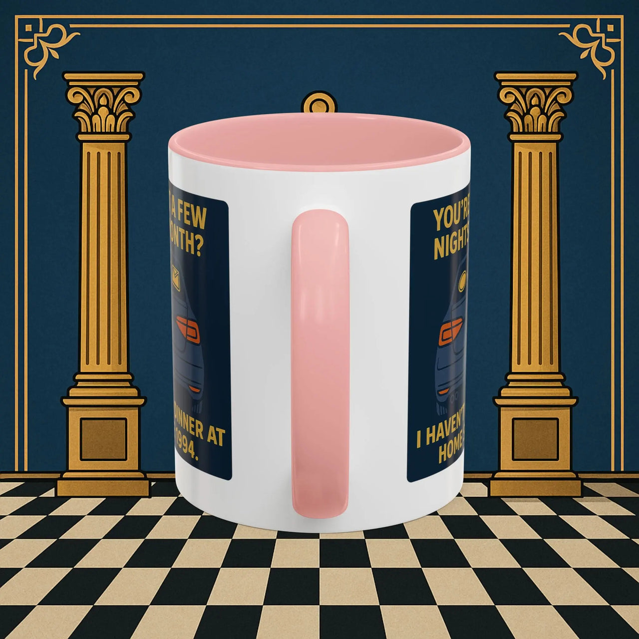 Masonic Mugs Ready to Go – Dinner at Home? Never Heard of It (Accent Coloured 11oz Mug) Printify