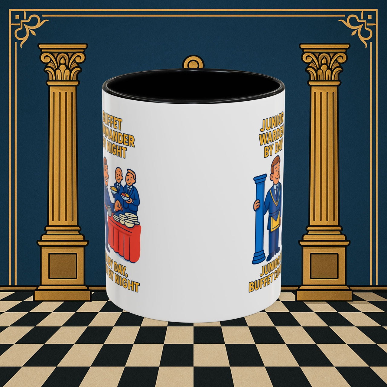 Masonic Mugs - Day/Night Professional: Dual Persona Comic Illustration, Junior Warden Printify