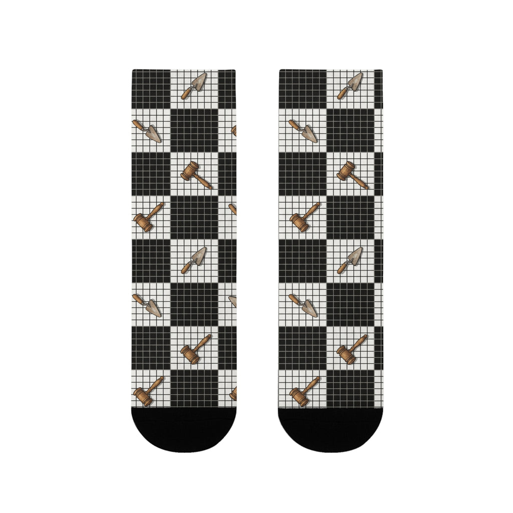 Gavel Checkered Crew Socks — Judge & Lawyer Novelty Socks Printify