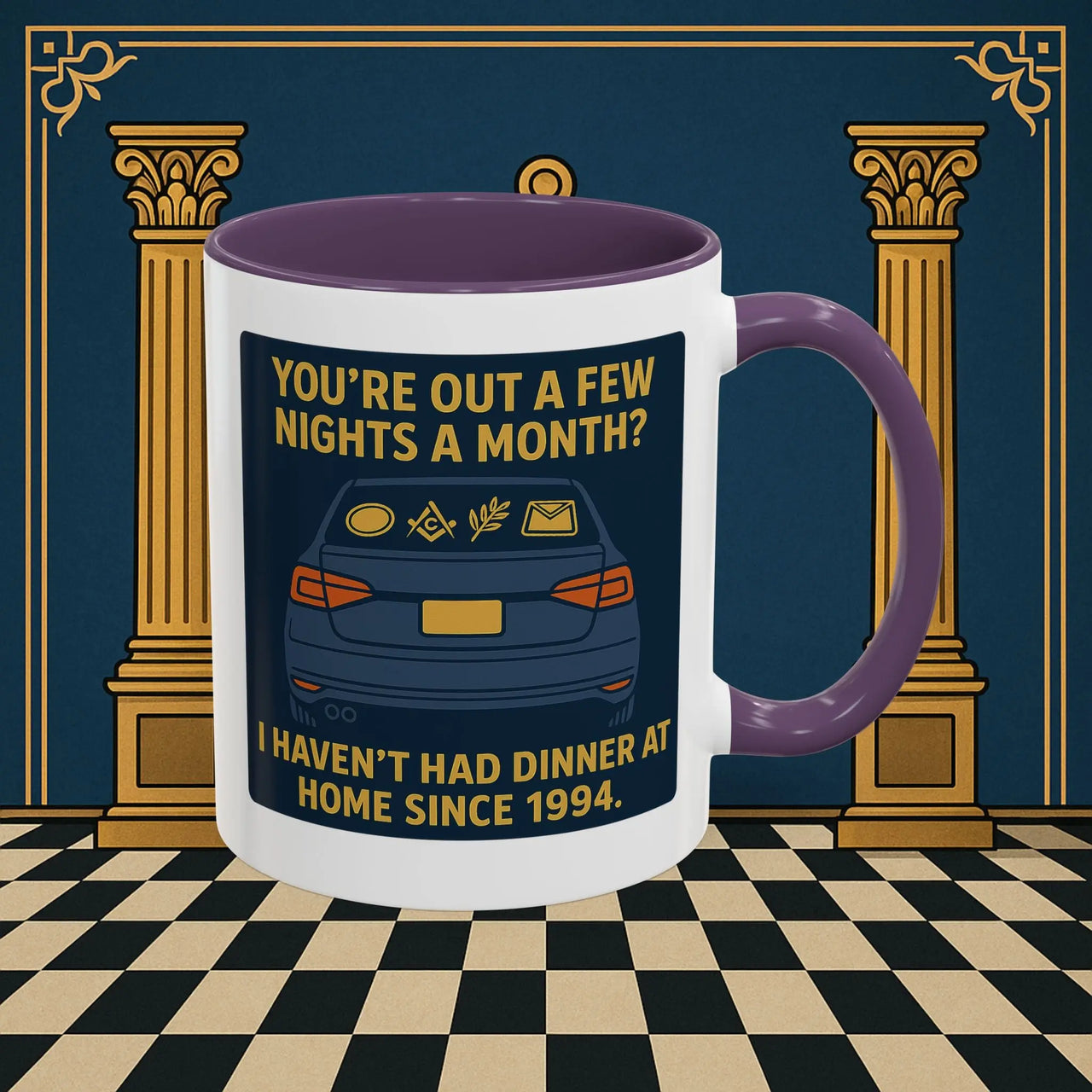 Masonic Mugs Ready to Go – Dinner at Home? Never Heard of It (Accent Coloured 11oz Mug) Printify
