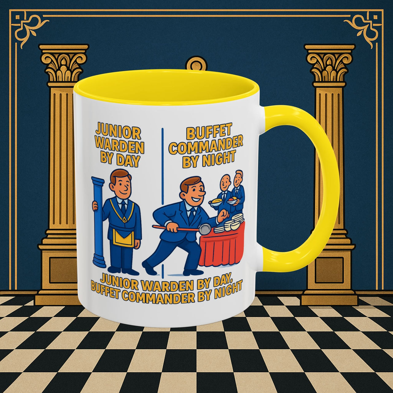 Masonic Mugs - Day/Night Professional: Dual Persona Comic Illustration, Junior Warden Printify