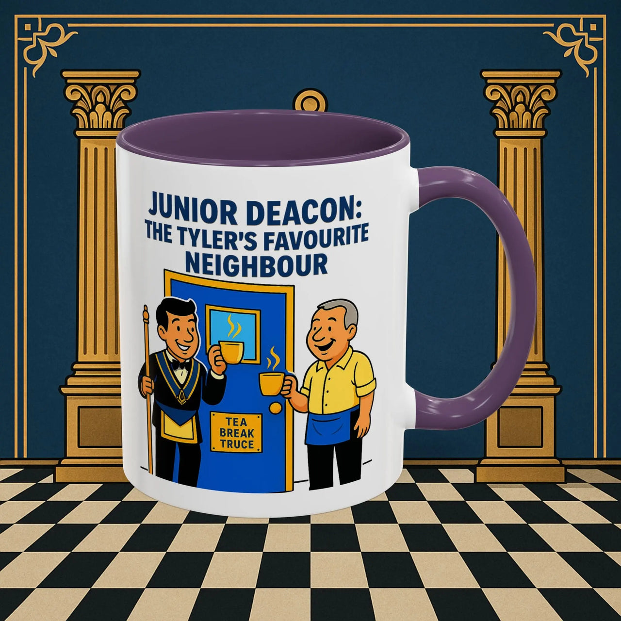 Masonic Mugs - Junior Deacon: Tea Break Truce, Masonic Brotherhood Cartoon, Junior Deacon Printify