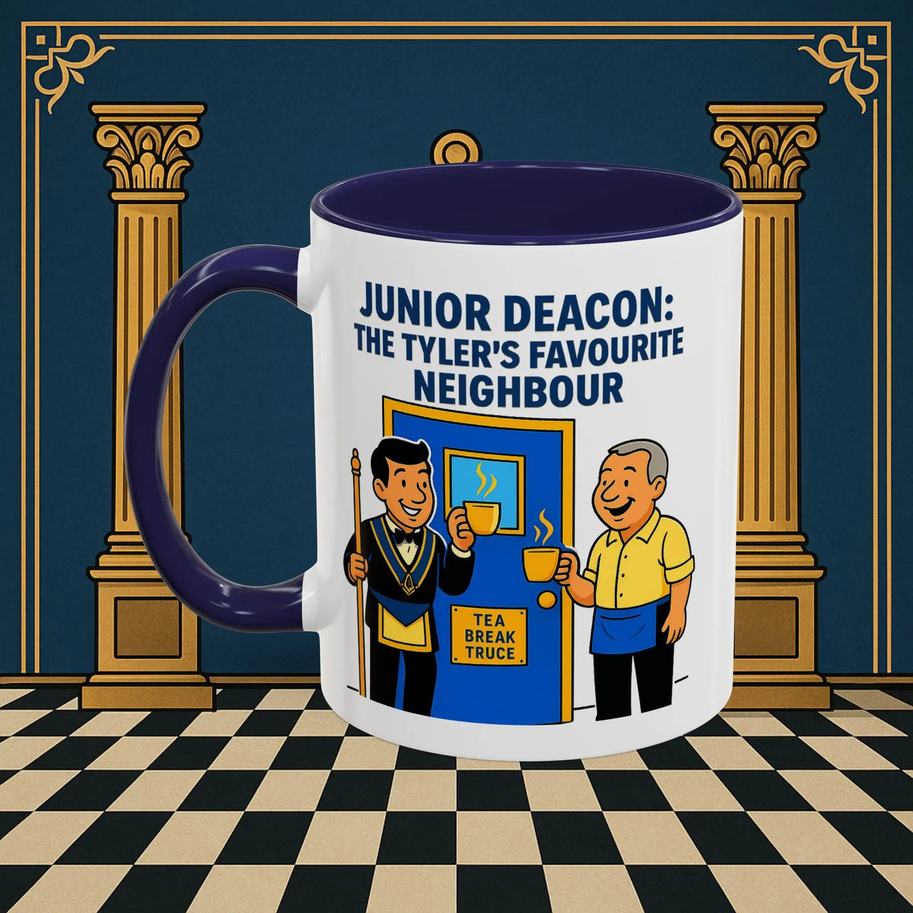 Masonic Mugs - Junior Deacon: Tea Break Truce, Masonic Brotherhood Cartoon, Junior Deacon Printify