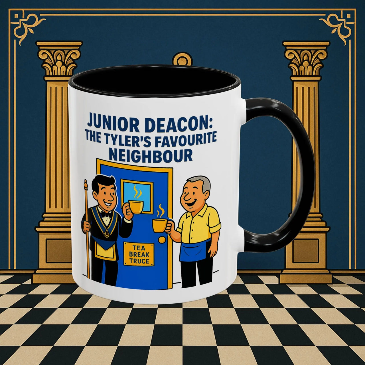 Masonic Mugs - Junior Deacon: Tea Break Truce, Masonic Brotherhood Cartoon, Junior Deacon Printify