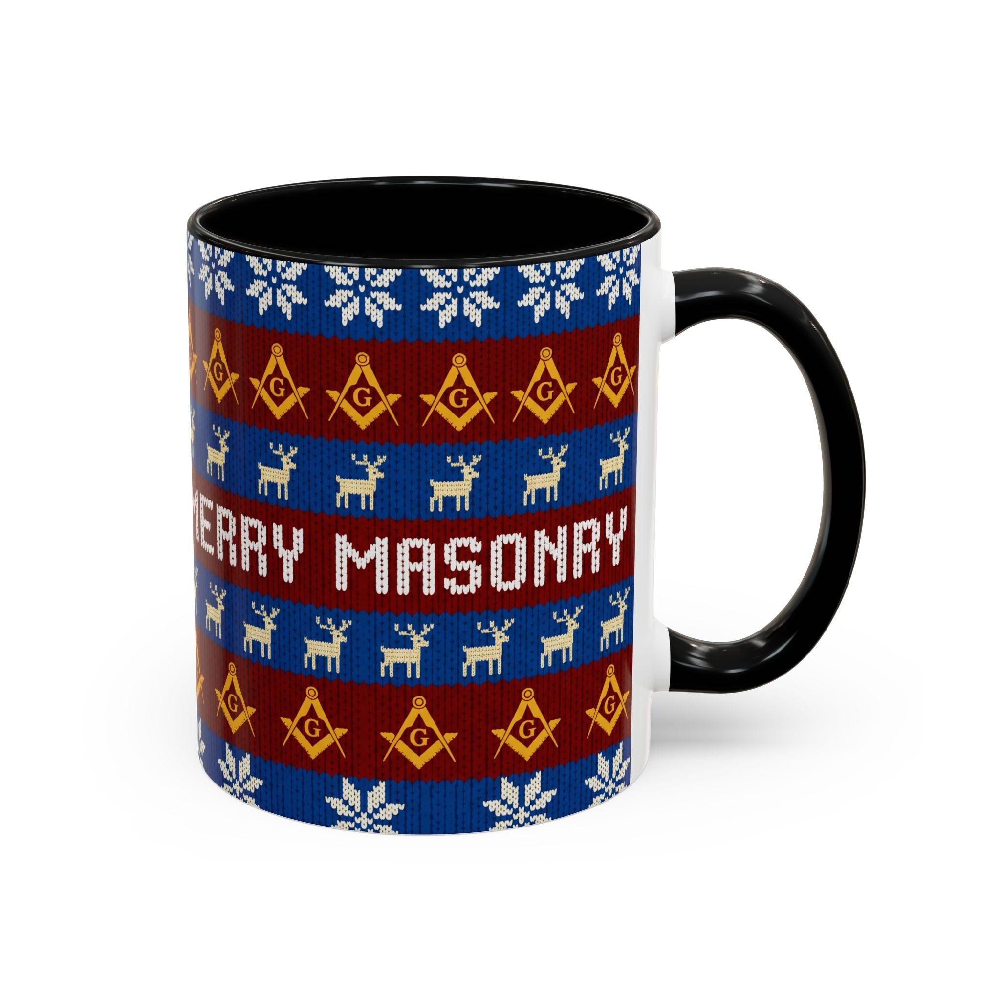 Masonry Merry Coffee Mug — Festive Freemason Holiday Ugly Sweater Design Printify