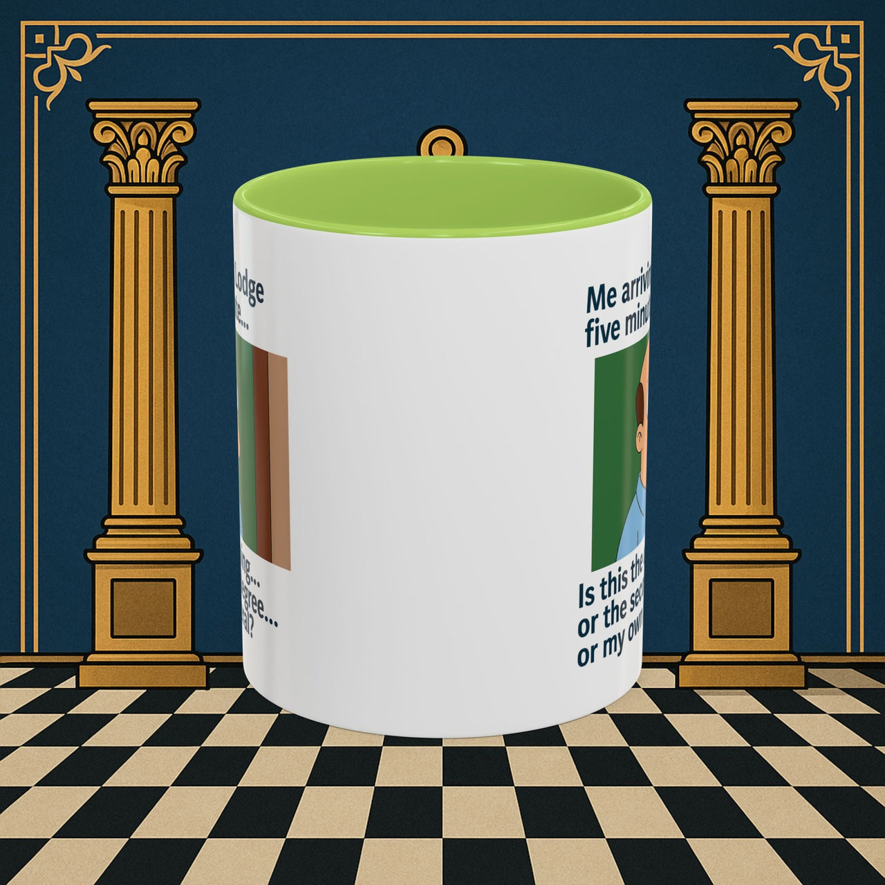 Masonic Mugs Ready to Go – Five Minutes Late (Accent Coloured 11oz Mug) Printify