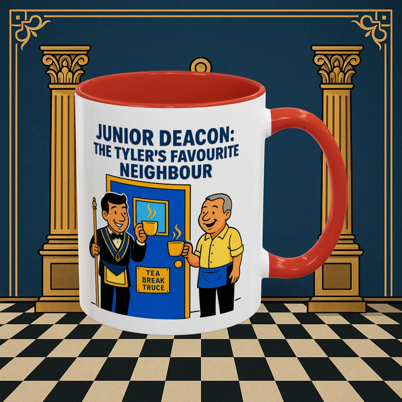 Masonic Mugs - Junior Deacon: Tea Break Truce, Masonic Brotherhood Cartoon, Junior Deacon Printify
