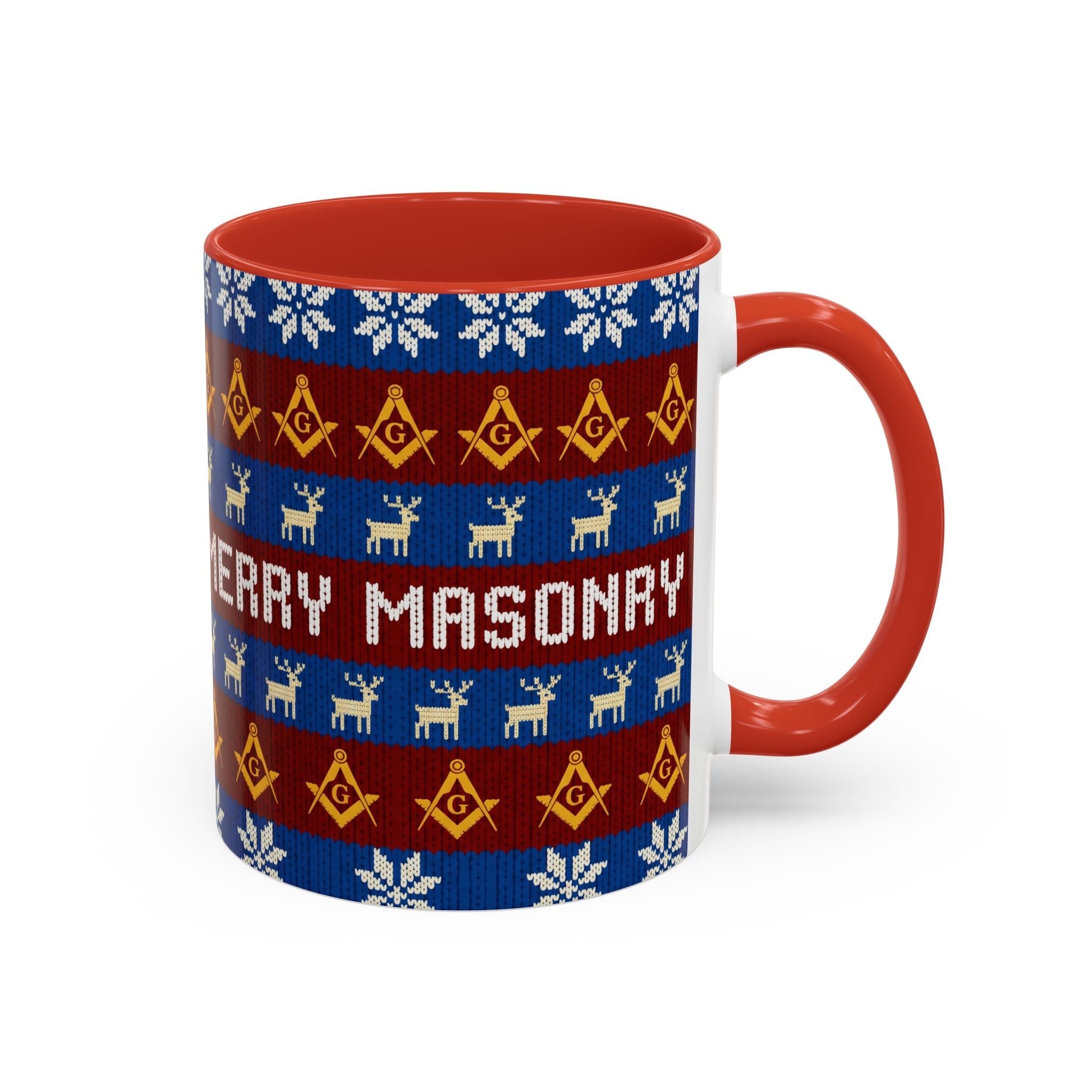 Masonry Merry Coffee Mug — Festive Freemason Holiday Ugly Sweater Design Printify