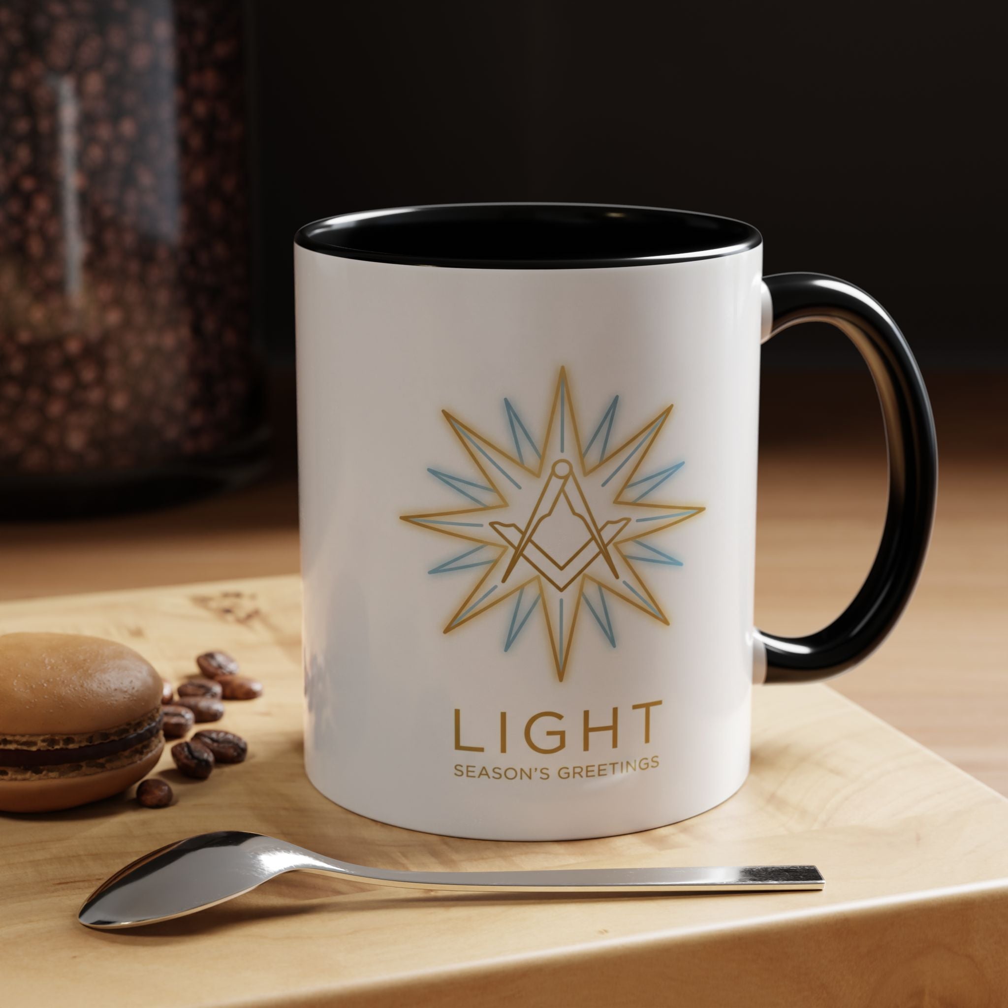 Light Season's Greetings Accent Coffee Mug — Holiday Star Emblem Masonic Mugs