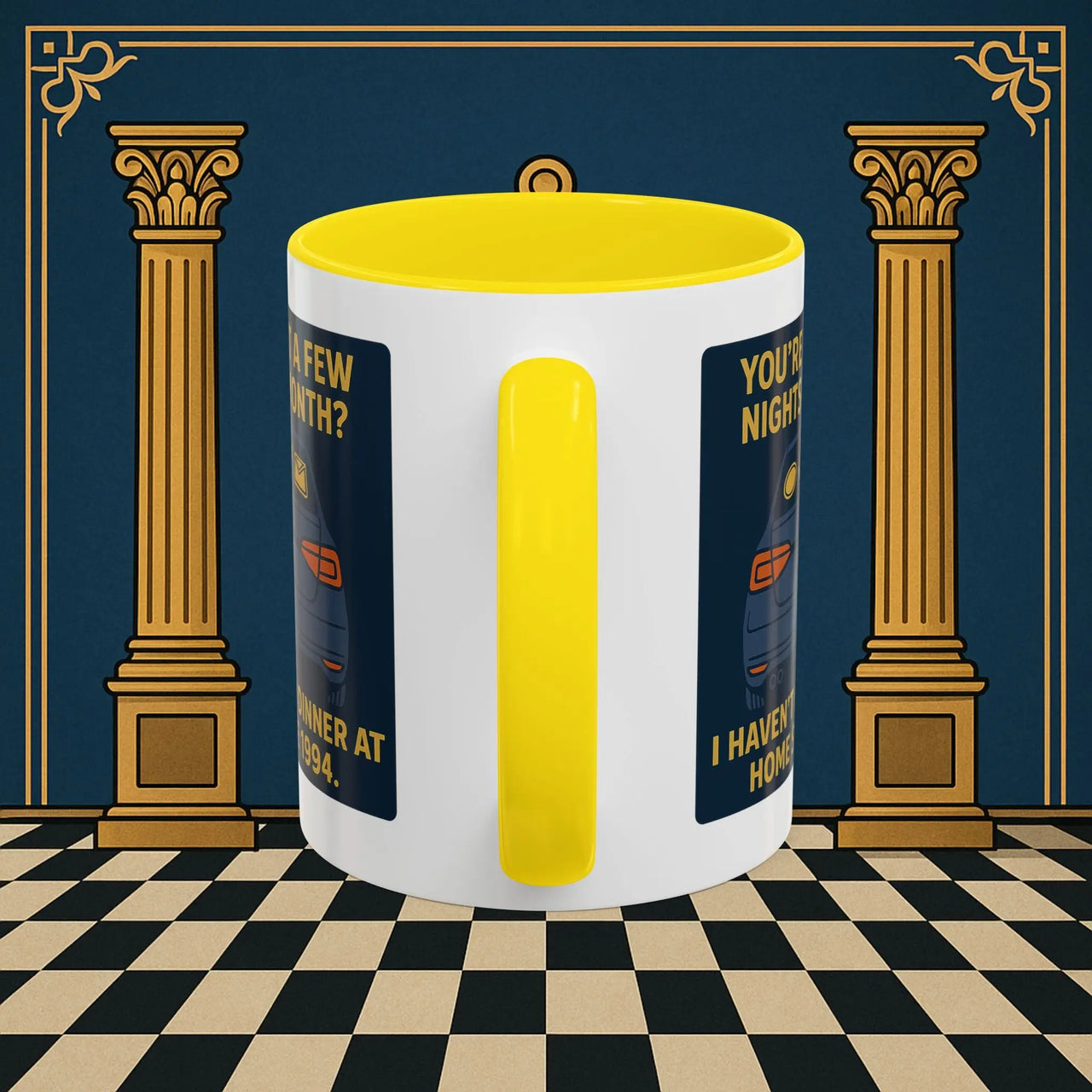 Masonic Mugs Ready to Go – Dinner at Home? Never Heard of It (Accent Coloured 11oz Mug) Printify