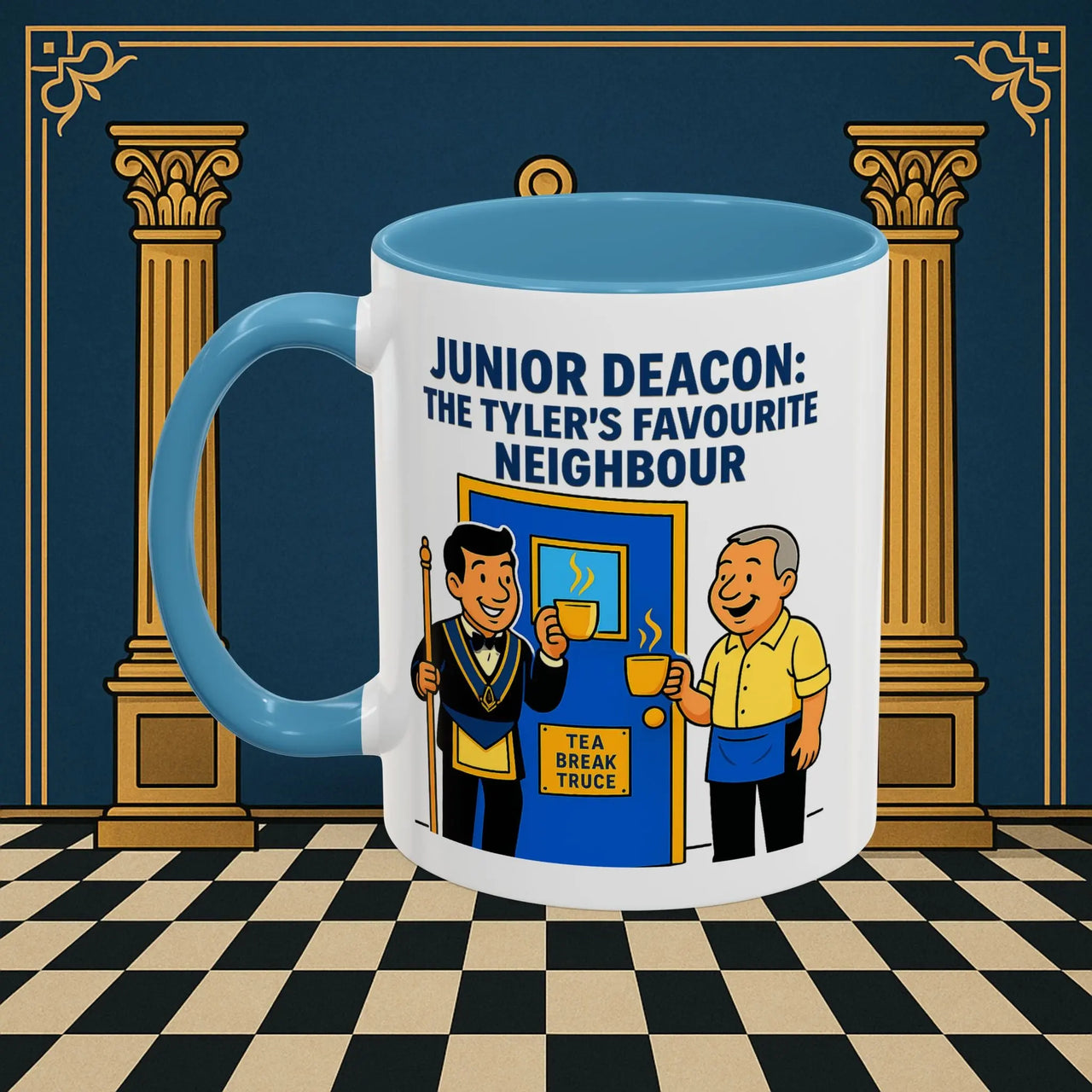 Masonic Mugs - Junior Deacon: Tea Break Truce, Masonic Brotherhood Cartoon, Junior Deacon Printify