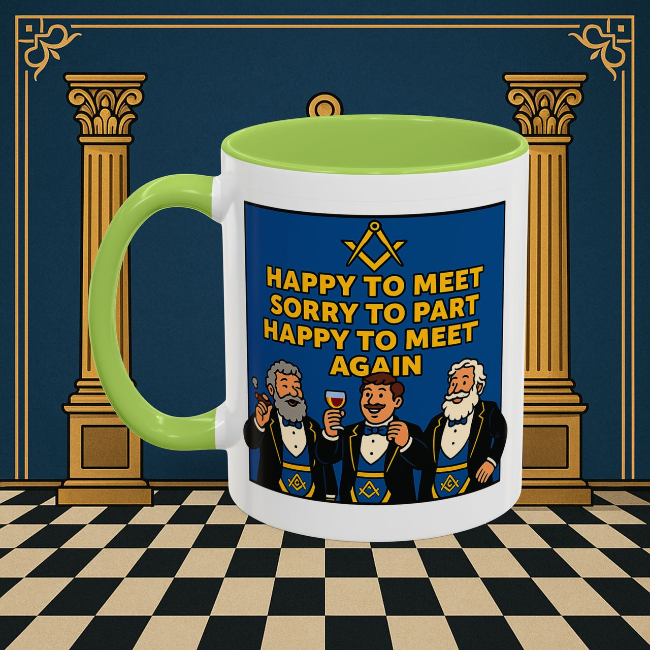 Masonic Mugs Ready to Go – Happy to Meet Again (Accent Coloured 11oz Mug) Printify