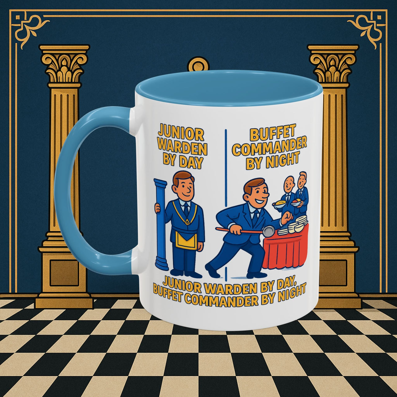 Masonic Mugs - Day/Night Professional: Dual Persona Comic Illustration, Junior Warden Printify