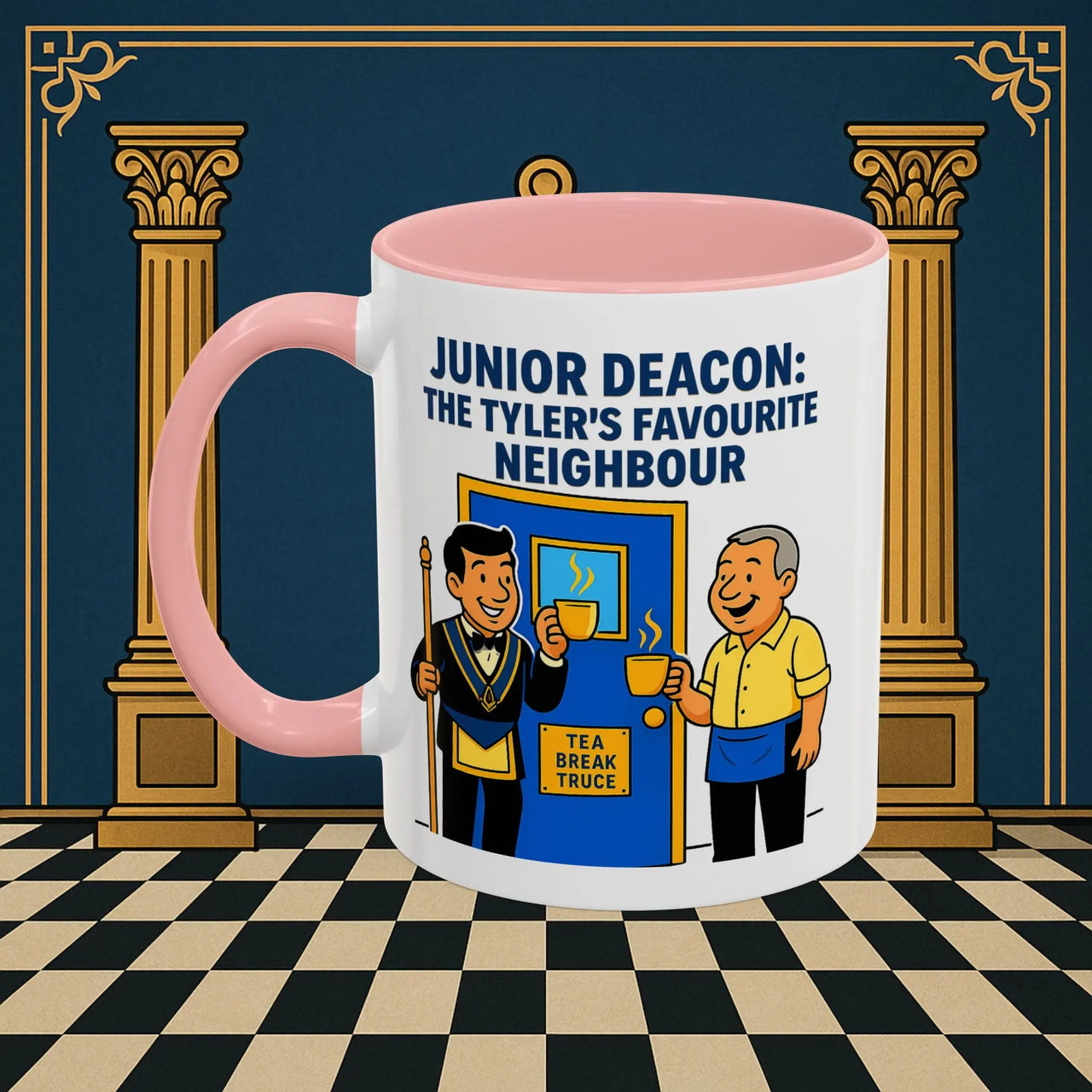 Masonic Mugs - Junior Deacon: Tea Break Truce, Masonic Brotherhood Cartoon, Junior Deacon Printify