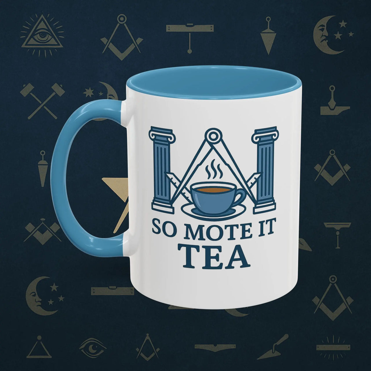Masonic Mugs Ready to Go – So Mote It Tea (Accent Coloured 11oz Mug) Printify