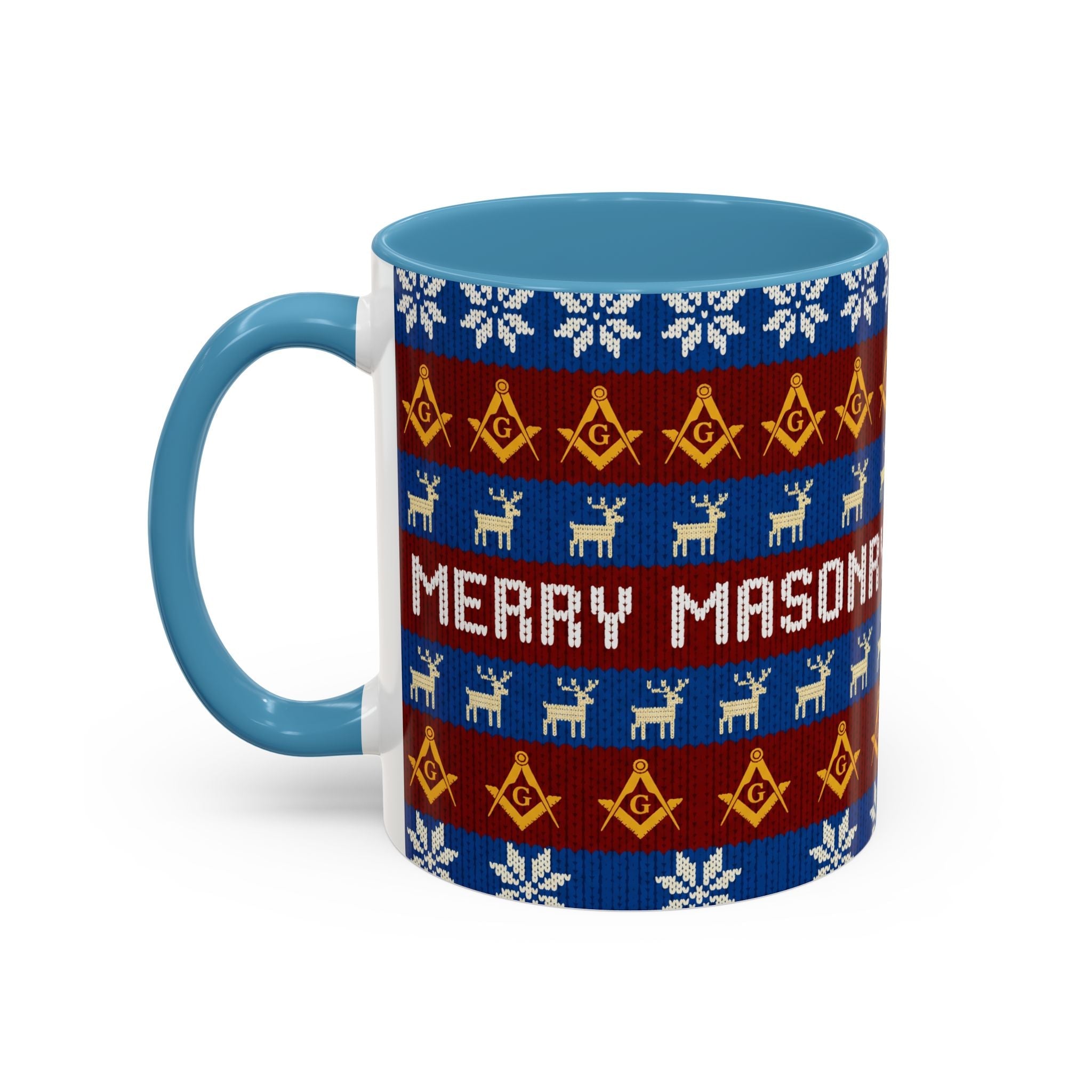 Masonry Merry Coffee Mug — Festive Freemason Holiday Ugly Sweater Design Printify