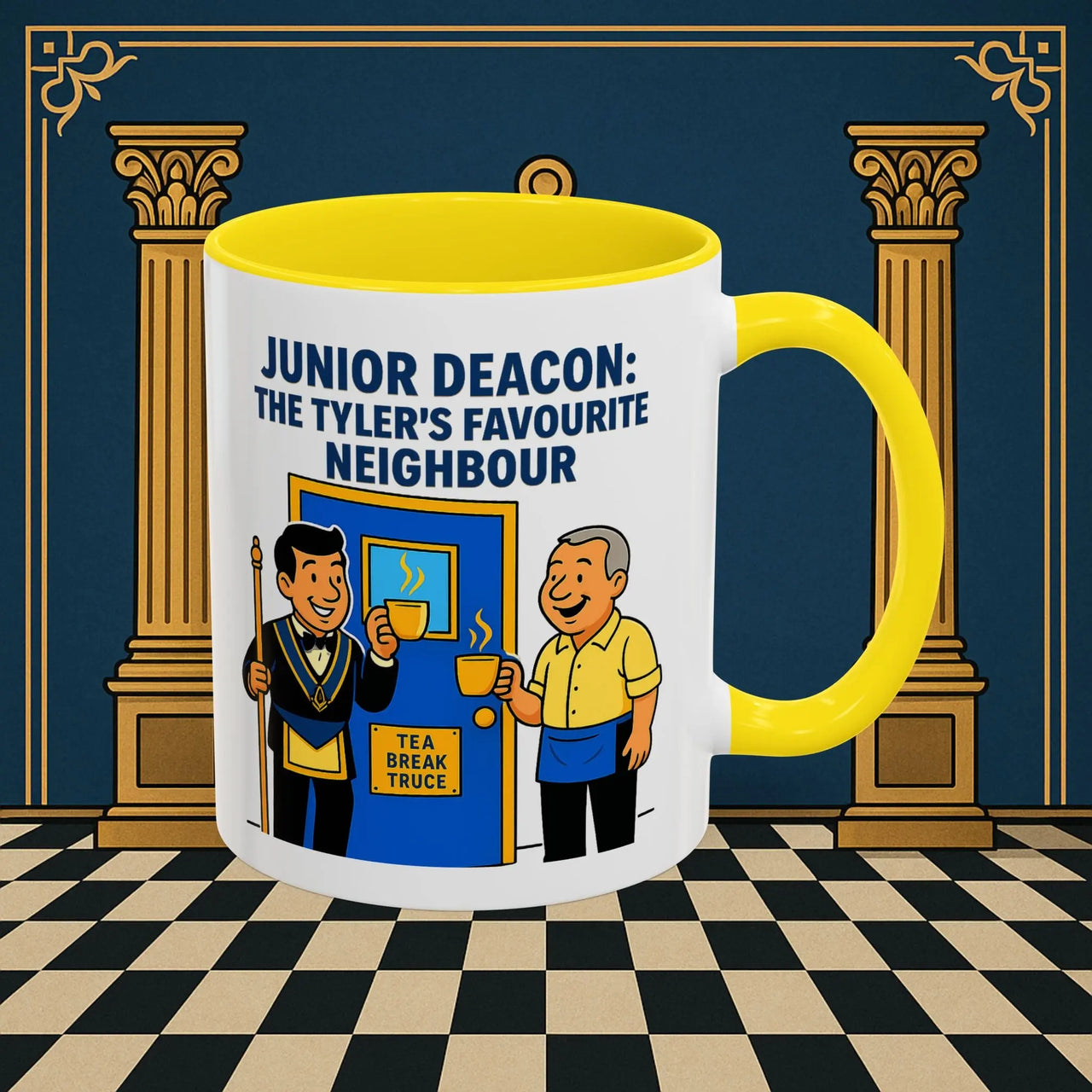 Masonic Mugs - Junior Deacon: Tea Break Truce, Masonic Brotherhood Cartoon, Junior Deacon Printify