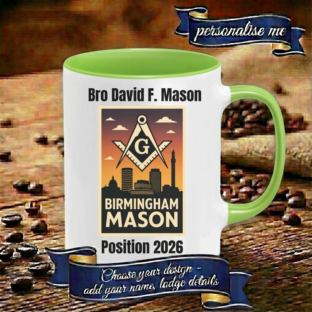Personalised 11oz Accent Colour Craft Lodge Towns and Cities Freemason Mug – Rank, Lodge Masonic Gift Store
