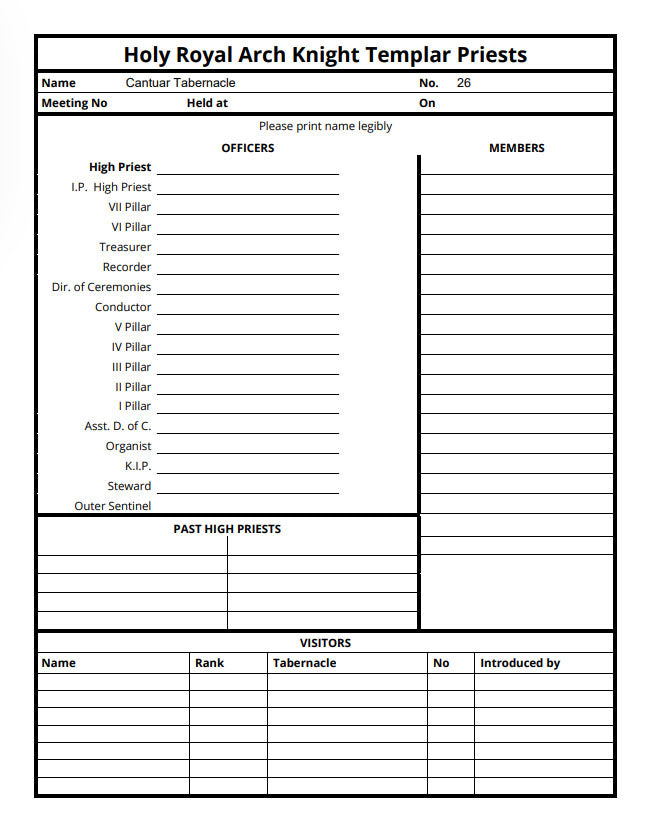 Masonic Attendance Book - Order Of Holy Royal Arch Knight Templar Priests Raven Masonic