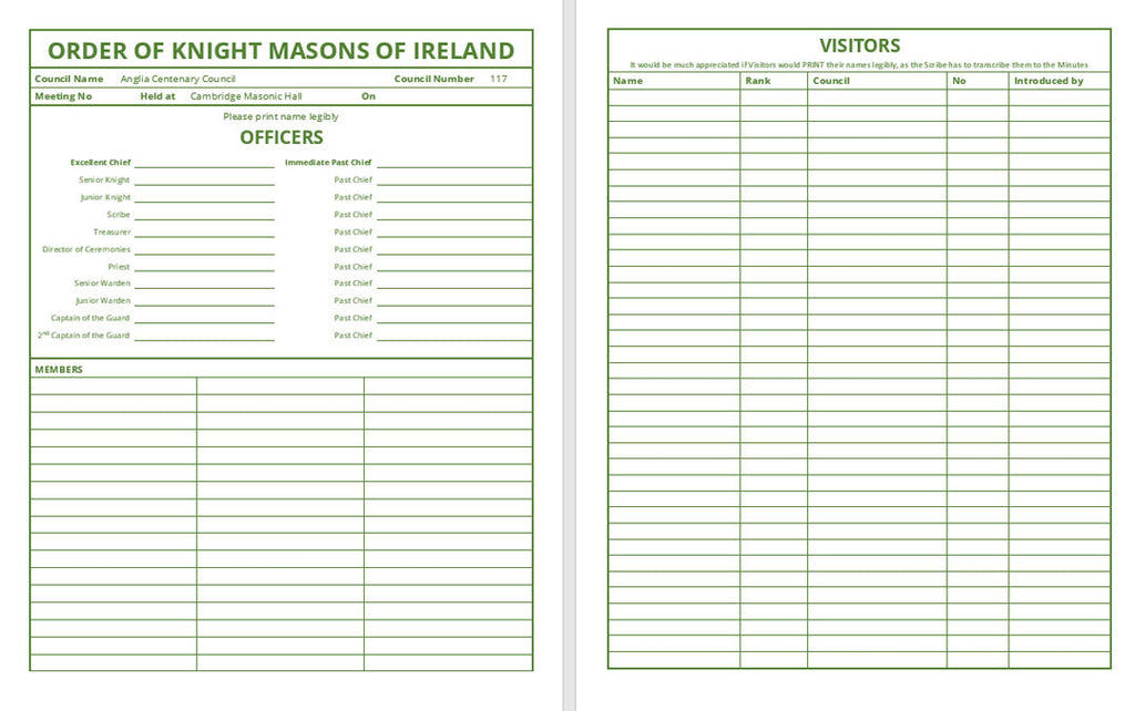 Masonic Attendance Book - Order of Knight Masons of Ireland Raven Masonic