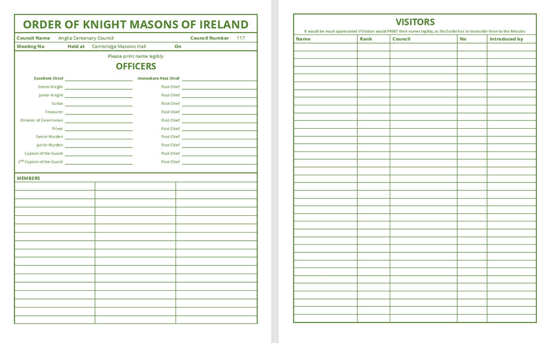 Masonic Attendance Book - Order of Knight Masons of Ireland Raven Masonic