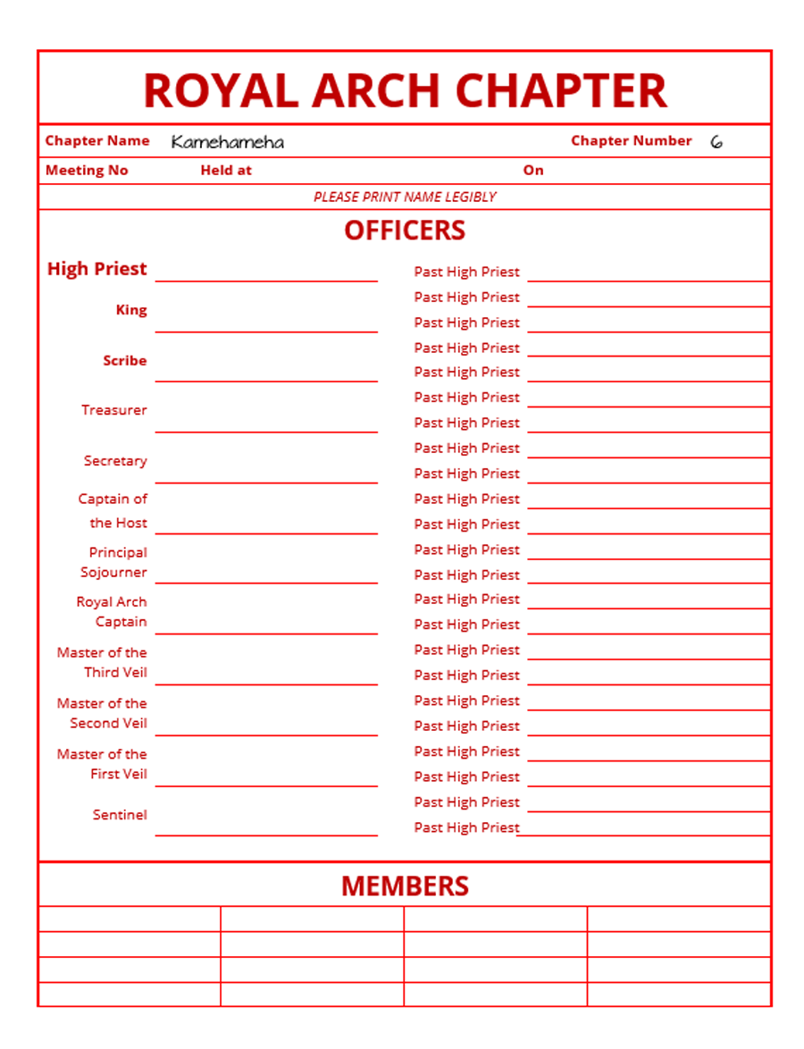 Royal Arch Chapter (US) – York Rite – Attendance Register Raven Masonic