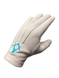 WHITE CRAFT MASONIC COTTON GLOVES c/w LIGHT BLUE SQUARE & COMPASSES Riverside Regalia