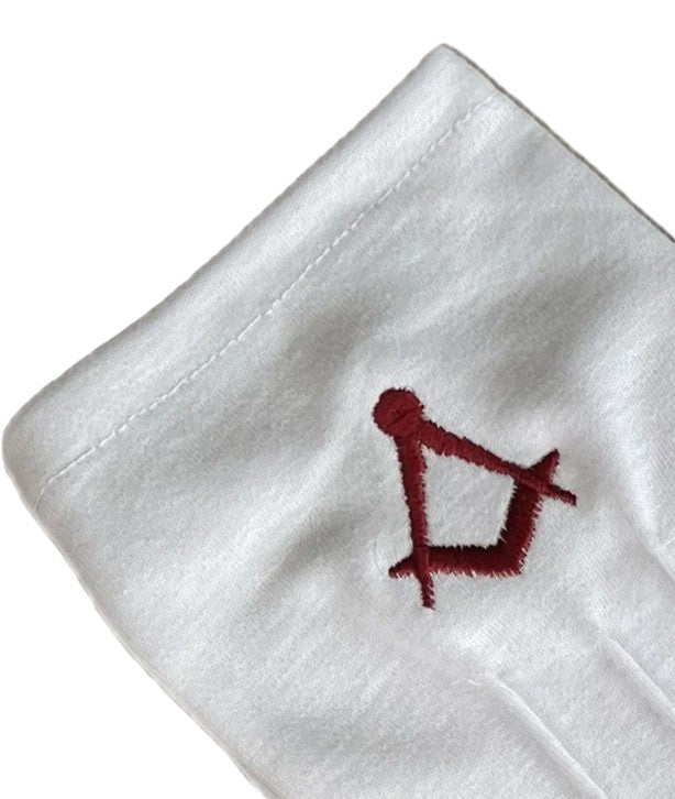 WHITE MASONIC COTTON GLOVES c/w MAROON SQUARE & COMPASSES Riverside Regalia