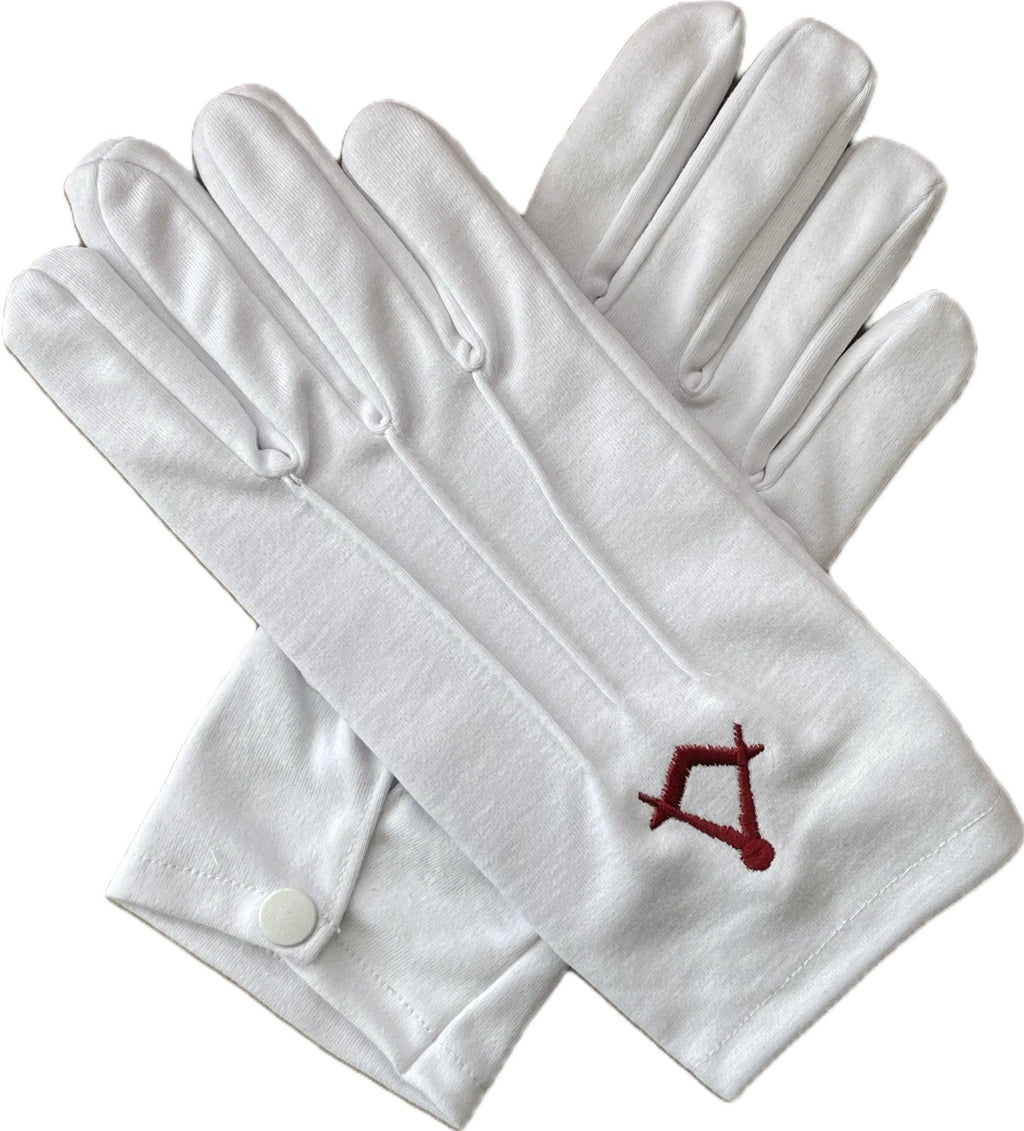 WHITE MASONIC COTTON GLOVES c/w MAROON SQUARE & COMPASSES Riverside Regalia