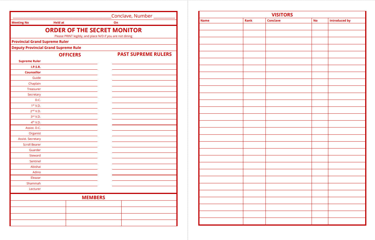 Masonic Attendance Book - Order of the Secret Monitor (OSM) Raven Masonic