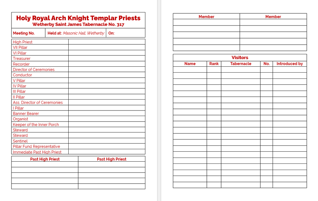 Masonic Attendance Book - Order Of Holy Royal Arch Knight Templar Priests Raven Masonic