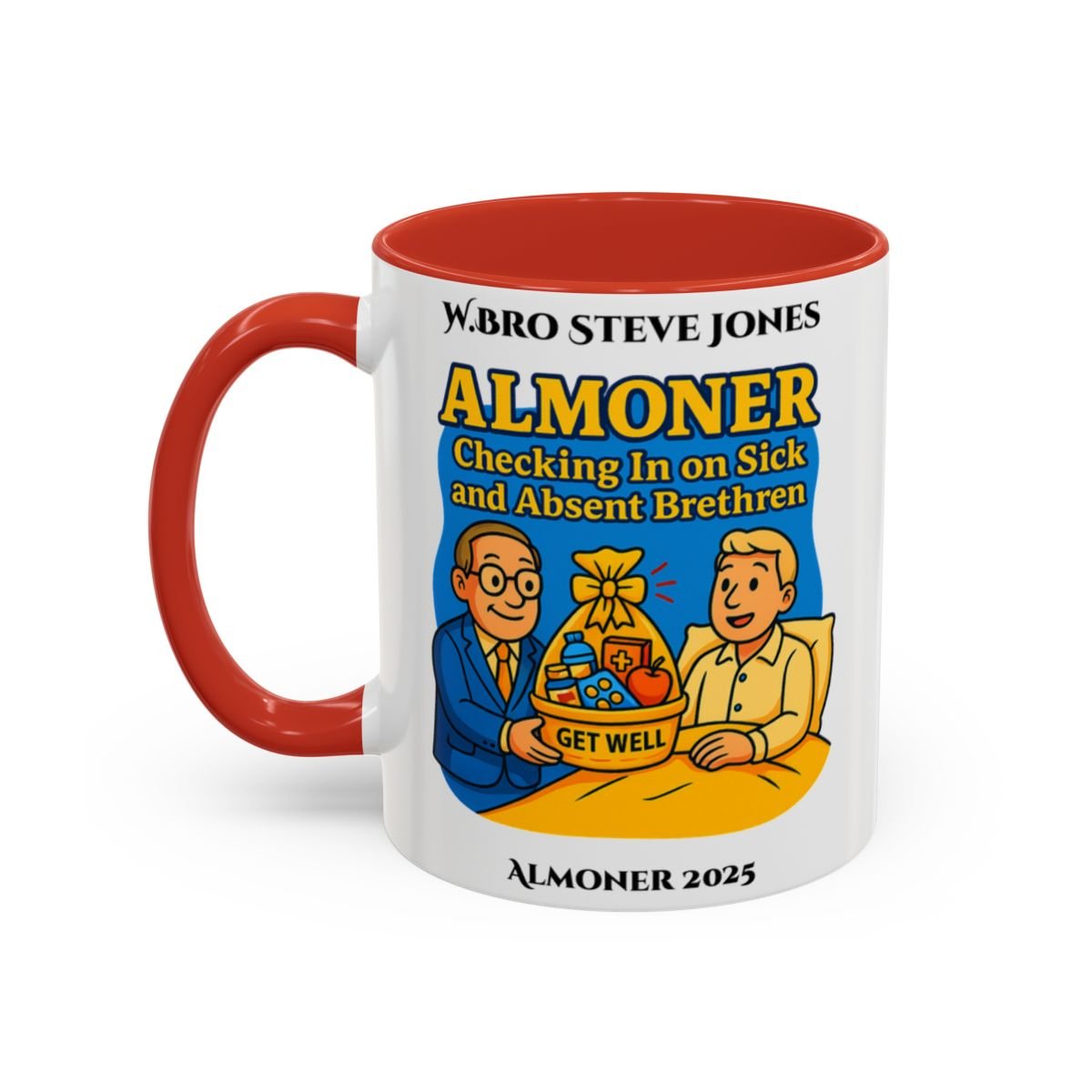 Premium Personalised Freemason Colour Rim Mug - Almoner Design - Checking in on Sick and Absent Brethen - Masonic Mugs