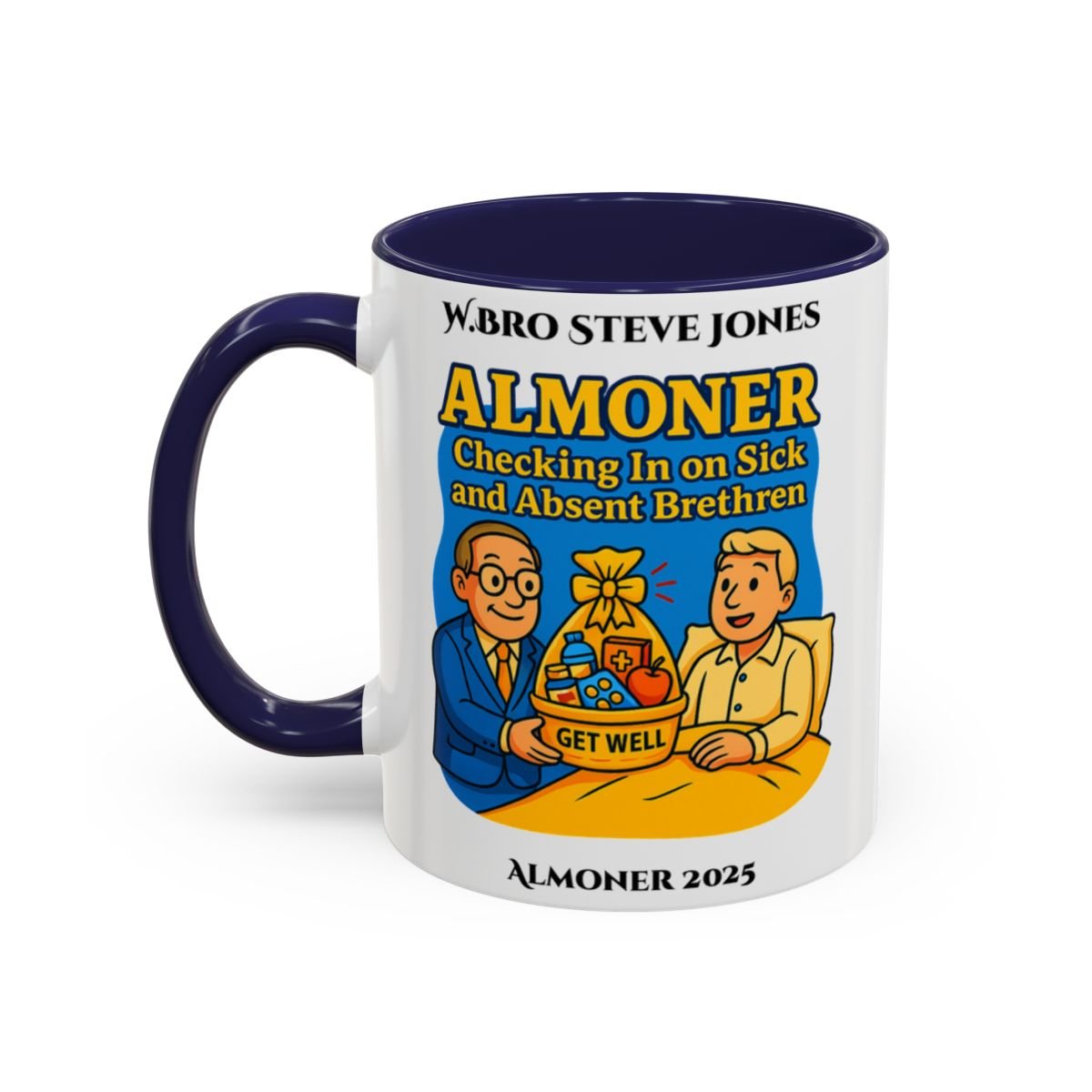 Premium Personalised Freemason Colour Rim Mug - Almoner Design - Checking in on Sick and Absent Brethen - Masonic Mugs