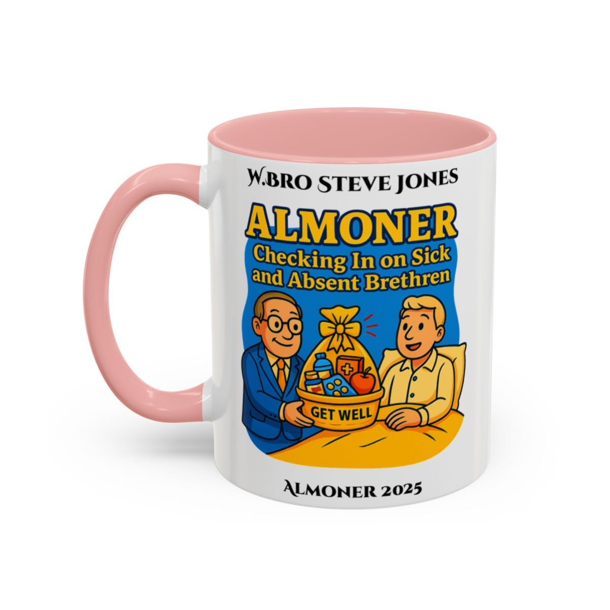Premium Personalised Freemason Colour Rim Mug - Almoner Design - Checking in on Sick and Absent Brethen - Masonic Mugs