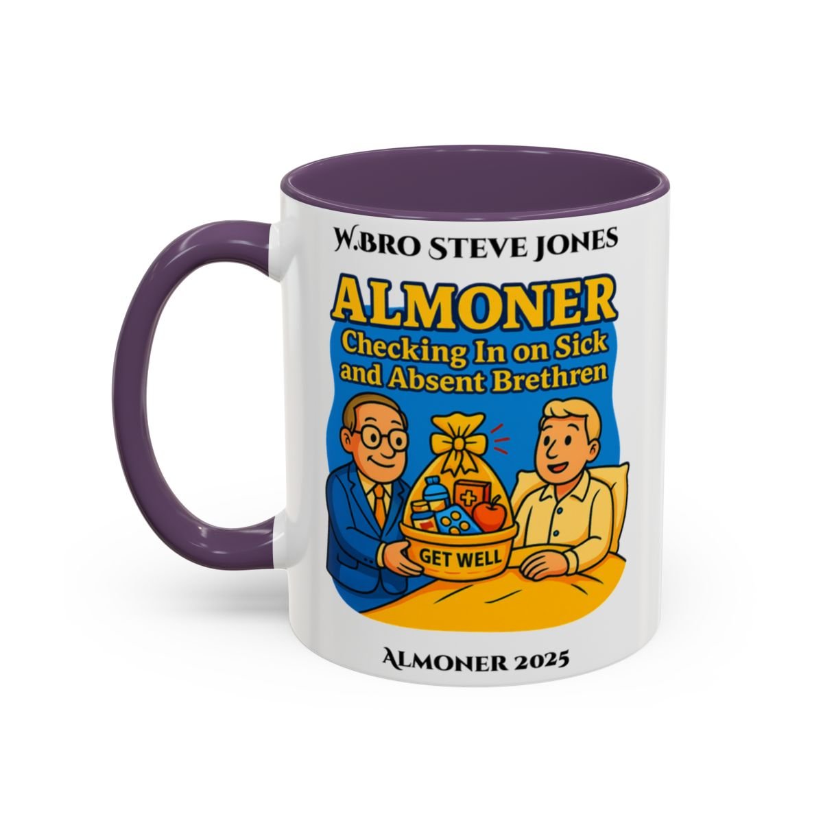 Premium Personalised Freemason Colour Rim Mug - Almoner Design - Checking in on Sick and Absent Brethen - Masonic Mugs