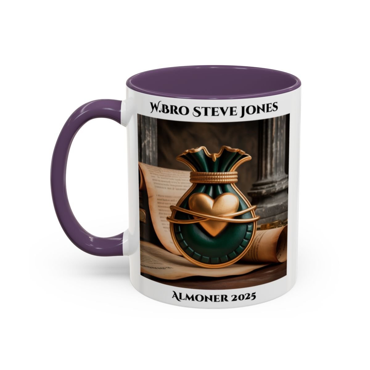 Premium Personalised Freemason Colour Rim Mug - Almoner Design - Heart and moneybag - Masonic Mugs