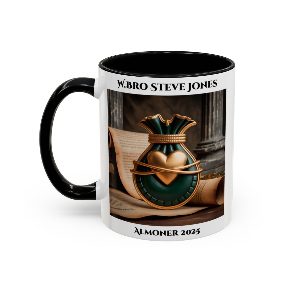 Premium Personalised Freemason Colour Rim Mug - Almoner Design - Heart and moneybag - Masonic Mugs