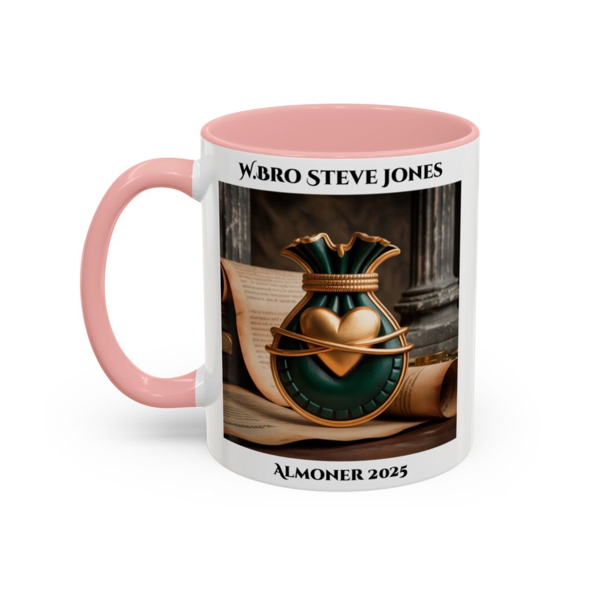 Premium Personalised Freemason Colour Rim Mug - Almoner Design - Heart and moneybag - Masonic Mugs