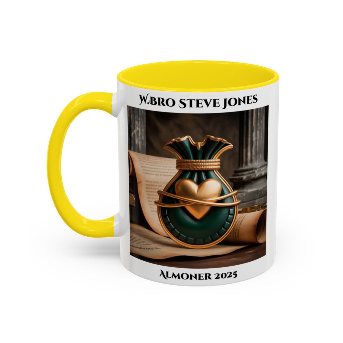 Premium Personalised Freemason Colour Rim Mug - Almoner Design - Heart and moneybag - Masonic Mugs