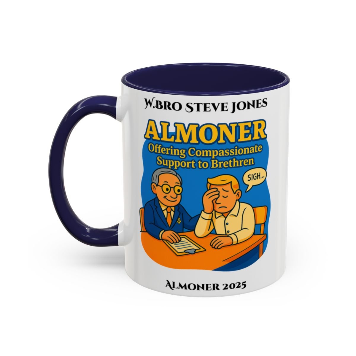 Premium Personalised Freemason Colour Rim Mug - Almoner Design - Offering Compassionate Support to Brethren - Masonic Mugs