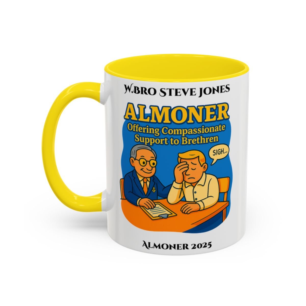 Premium Personalised Freemason Colour Rim Mug - Almoner Design - Offering Compassionate Support to Brethren - Masonic Mugs