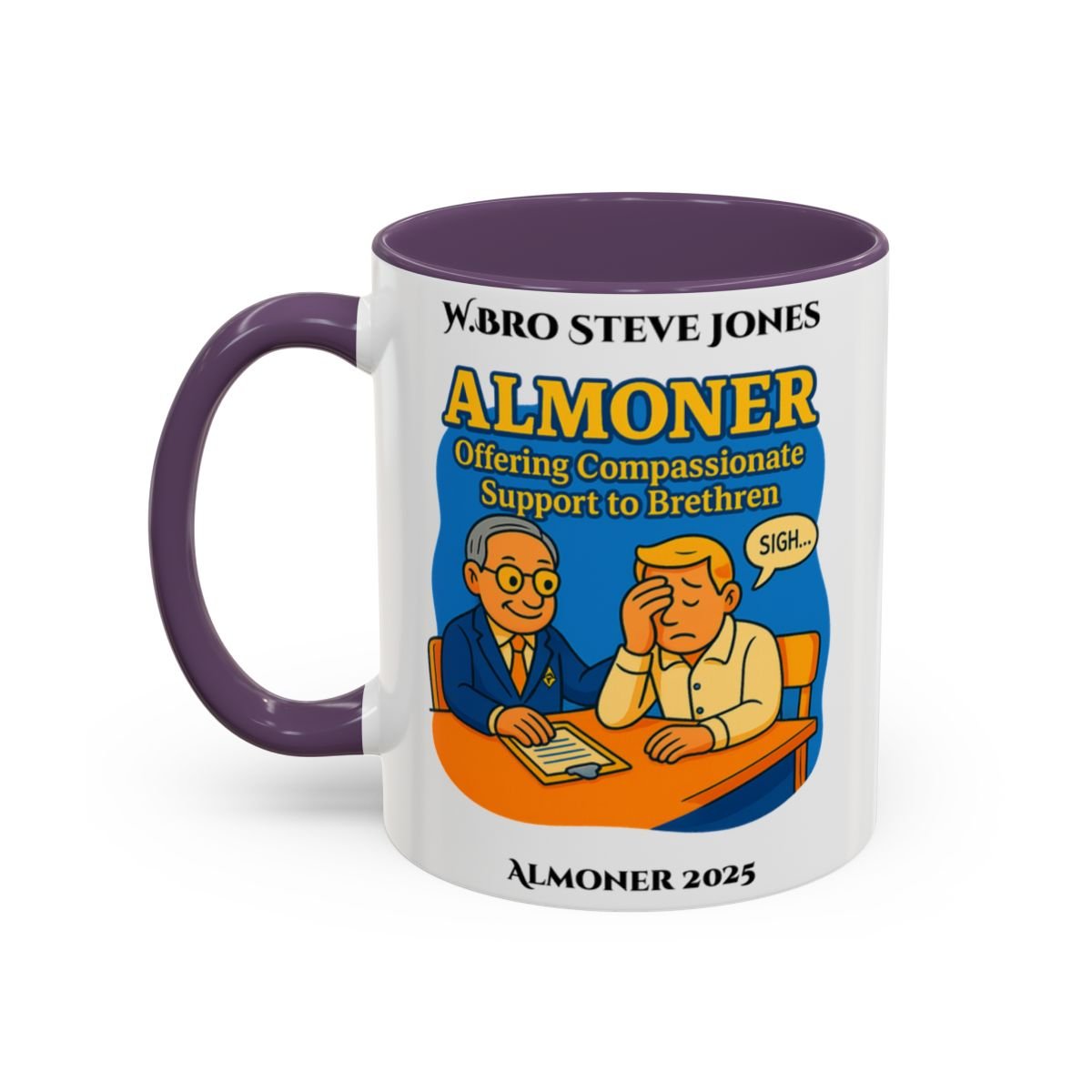 Premium Personalised Freemason Colour Rim Mug - Almoner Design - Offering Compassionate Support to Brethren - Masonic Mugs