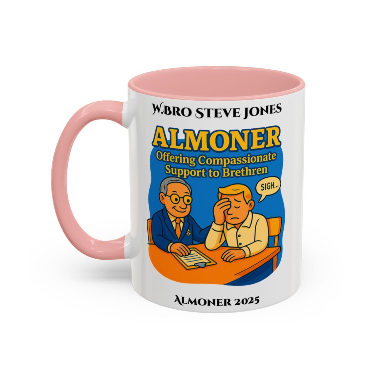Premium Personalised Freemason Colour Rim Mug - Almoner Design - Offering Compassionate Support to Brethren - Masonic Mugs