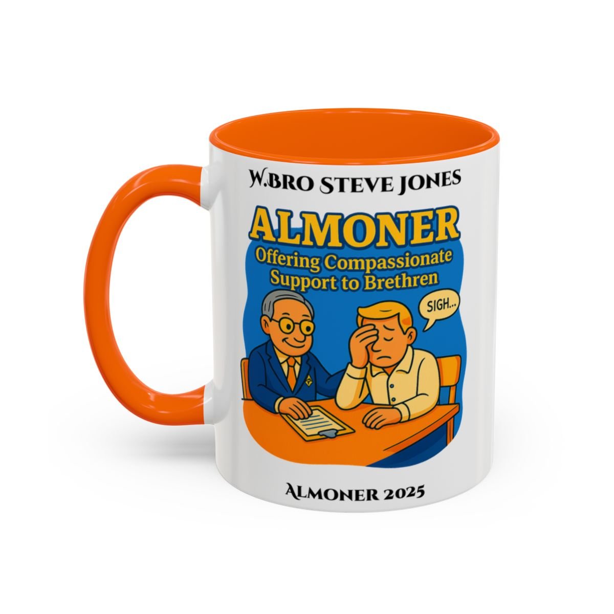 Premium Personalised Freemason Colour Rim Mug - Almoner Design - Offering Compassionate Support to Brethren - Masonic Mugs