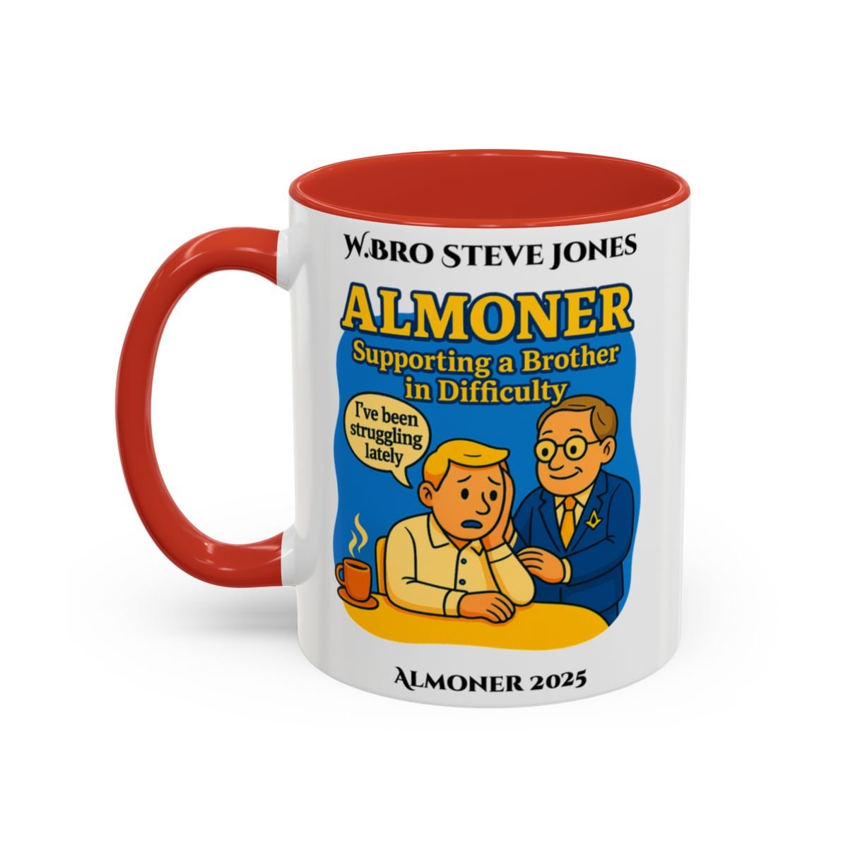 Premium Personalised Freemason Colour Rim Mug - Almoner Design - Supporting a brother in Difficulty - Masonic Mugs