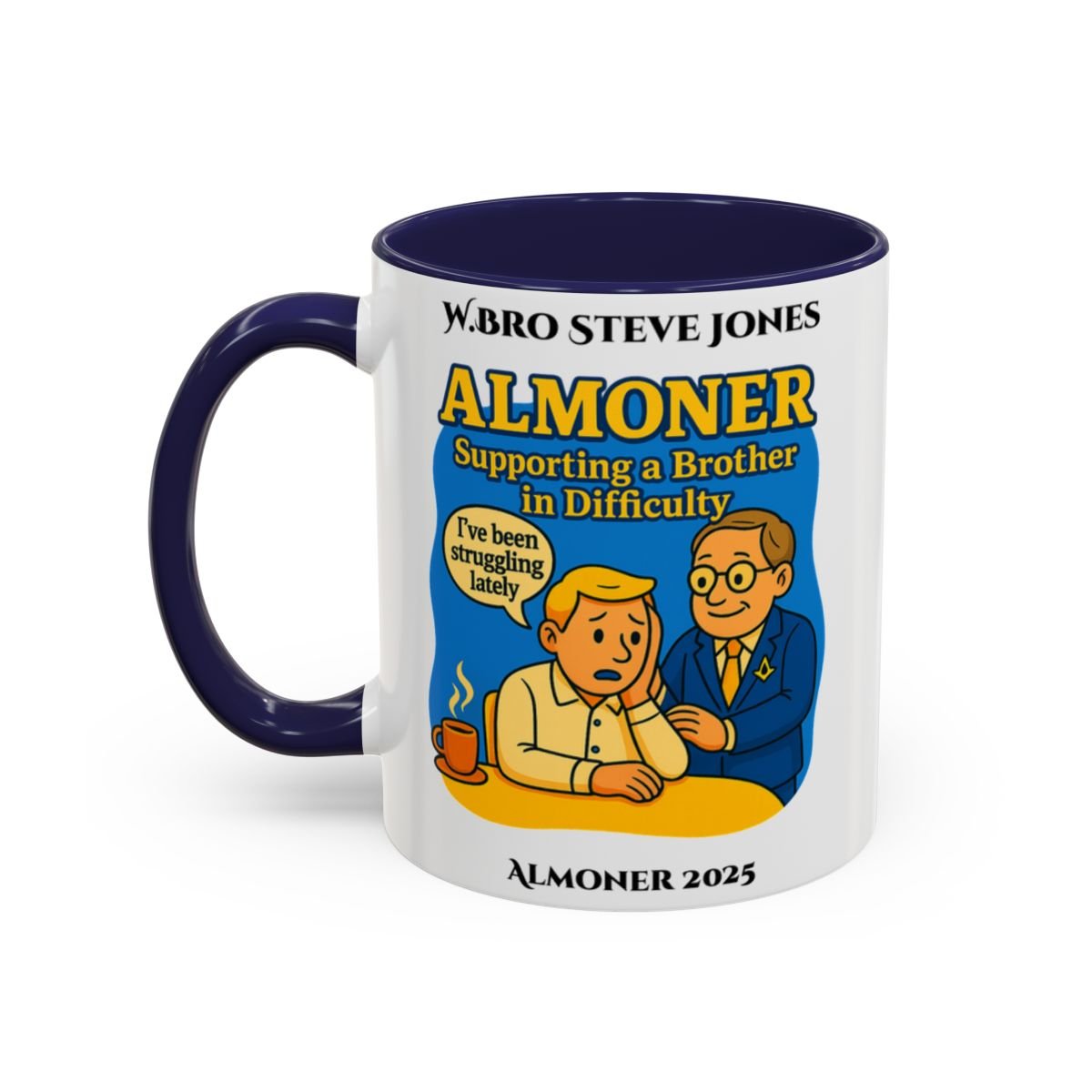 Premium Personalised Freemason Colour Rim Mug - Almoner Design - Supporting a brother in Difficulty - Masonic Mugs