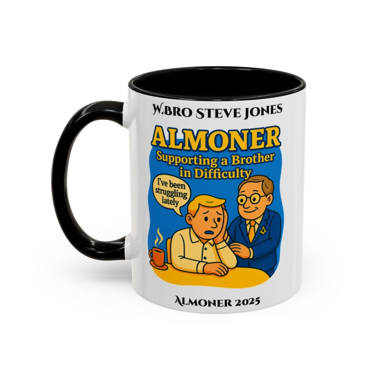Premium Personalised Freemason Colour Rim Mug - Almoner Design - Supporting a brother in Difficulty - Masonic Mugs
