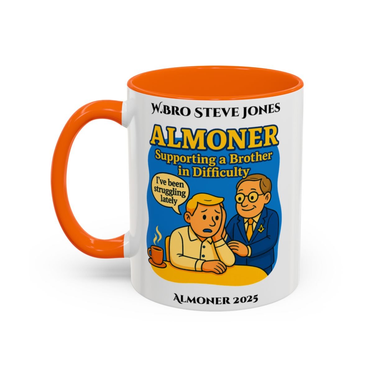 Premium Personalised Freemason Colour Rim Mug - Almoner Design - Supporting a brother in Difficulty - Masonic Mugs