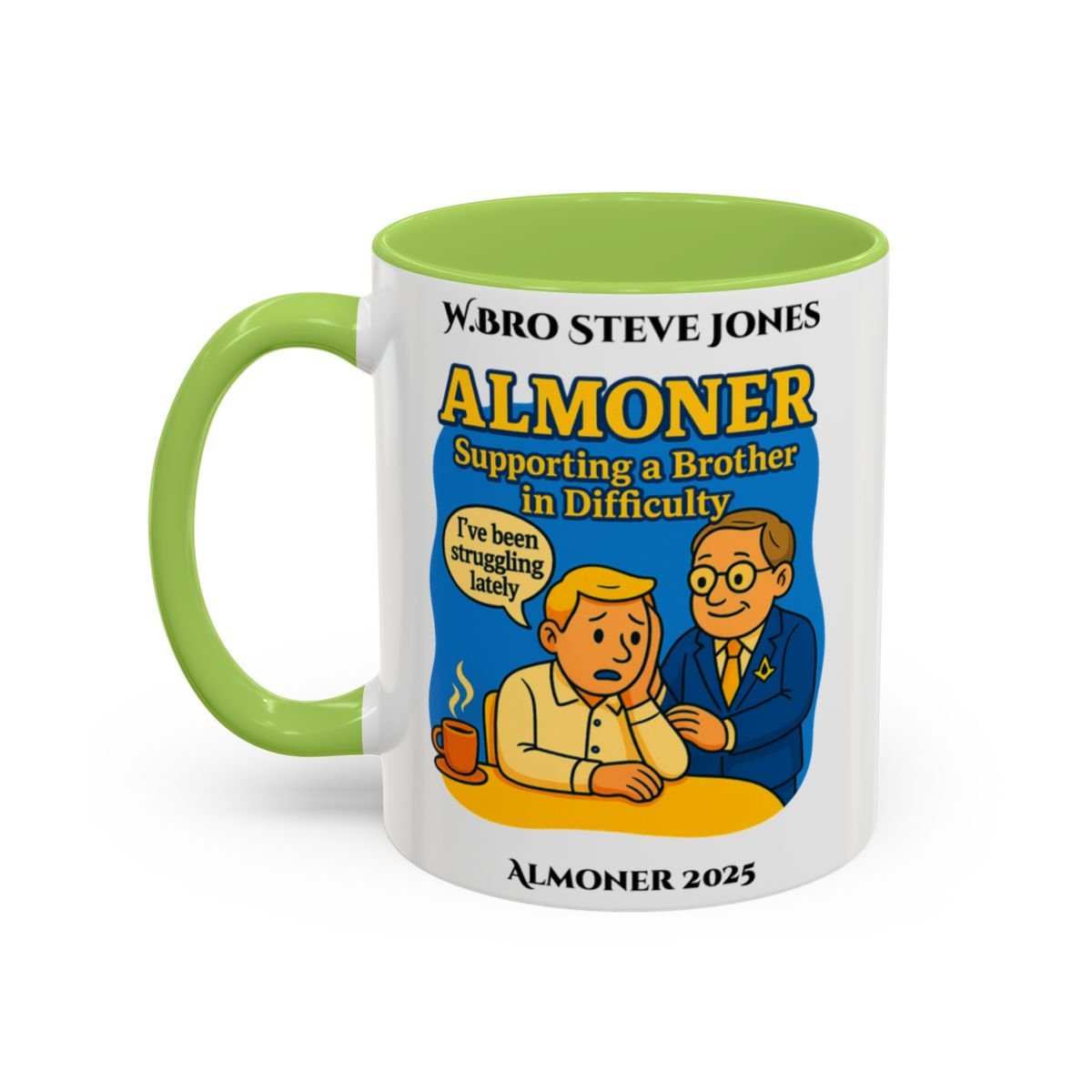 Premium Personalised Freemason Colour Rim Mug - Almoner Design - Supporting a brother in Difficulty - Masonic Mugs